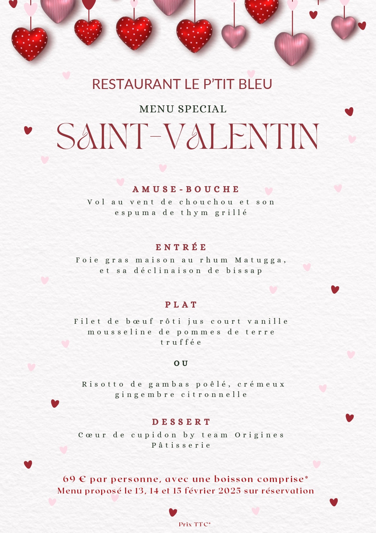 MENU DE LA SAINT-VALENTIN À L'HÔTEL LE GRAND BLEU***